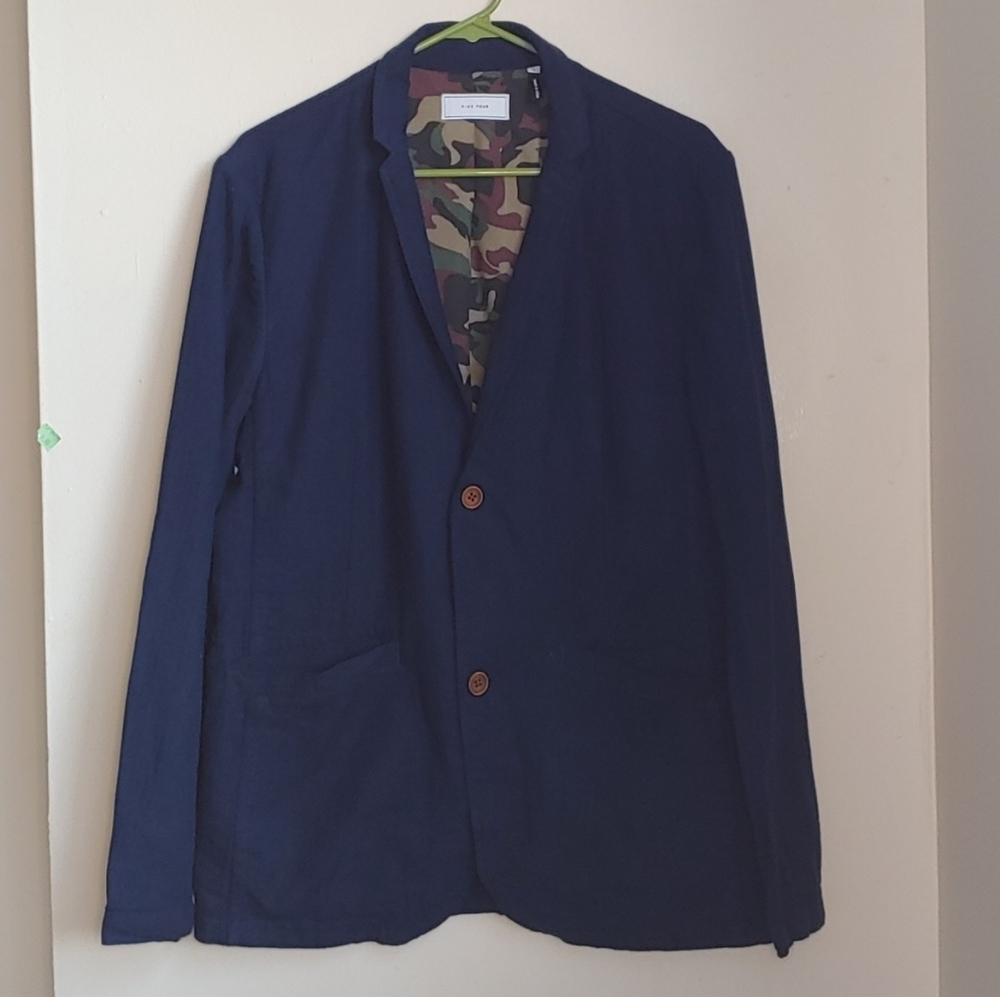 Five Four Mens Blazer with Camo Camouflage Lining Small Navy Blue